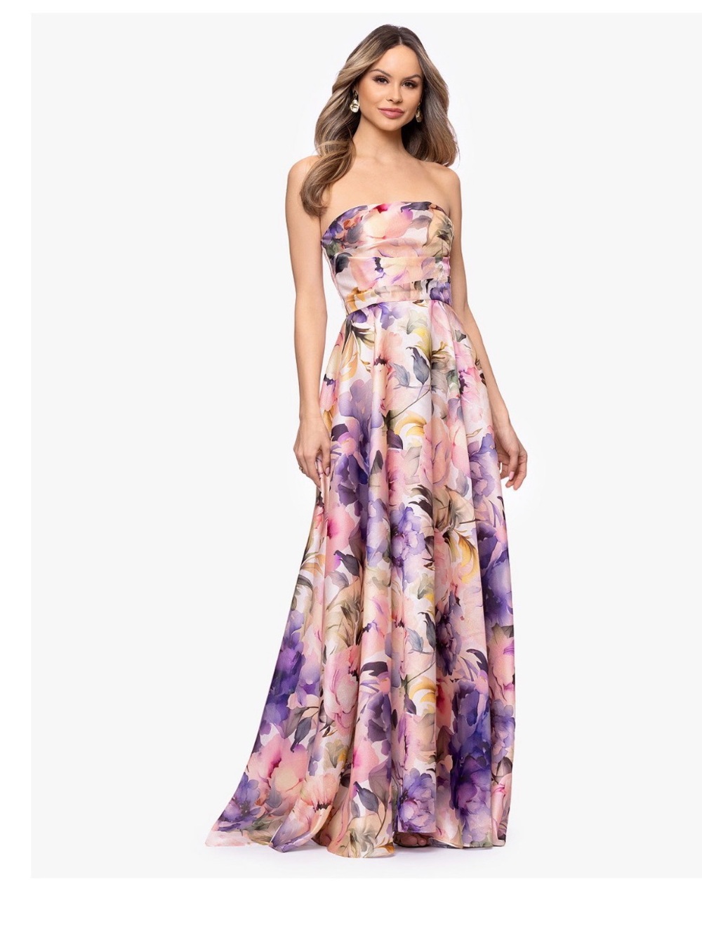 Betsy & Adam Strapless Floral Gown in Pink, Purple and Cream